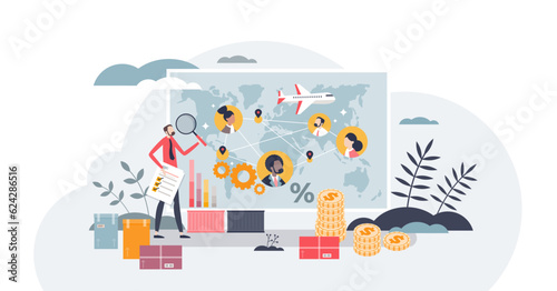 Vendor management and business supply chain planning tiny person concept, transparent background. Suppliers and logistics financial optimization for effective worldwide shipping illustration.
