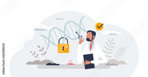 Personalized medicine with specific patient DNA research tiny person concept, transparent background.