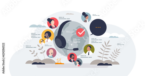 Online customer service with global support center tiny person concept  transparent background.International assistance with call agent for telemarketing and find user solutions illustration.