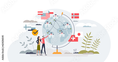 Health equity as global equal healthcare accessibility tiny person concept  transparent background. International illness treatment fairness as social support balance illustration.