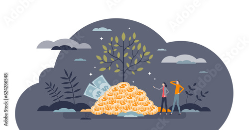 Sustainable and responsible finances investing strategy tiny person concept, transparent background. Economy development with ecological and environmental principles illustration.