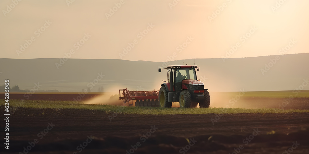 Fototapeta premium Harvesting tobacco with agricultural machinery tractor sunlight. Agriculture industry concept. Generation AI