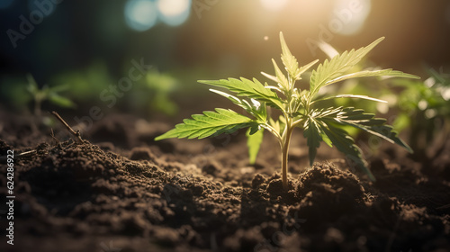 Young plant Bush marijuana cannabis on ground, blurred background at sunset. Generation AI.