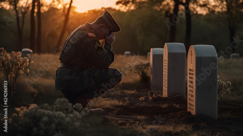 Fotografie, Obraz Military man kneeling of grave fallen soldier, sunset