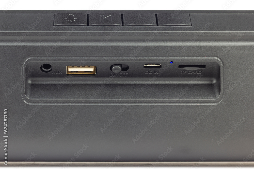 connectors for connection on the device, ports for connection on the audio device close-up connectors for connection on the device, ports for connection on the audio device close-up