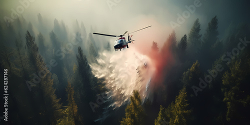 Fire fighting Helicopter dropping water on wildfire. Disaster forest burning emergency banner. Generation AI