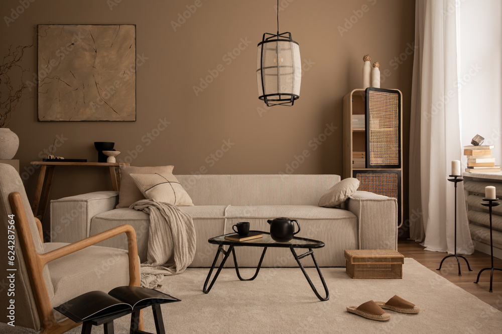 Fototapeta premium Elegant composition of warm living room interior with mock up poster frame, modular sofa, travertine coffee table, gray armchair, rattan sideboard, lamp and personal accessories. Home decor. Template.
