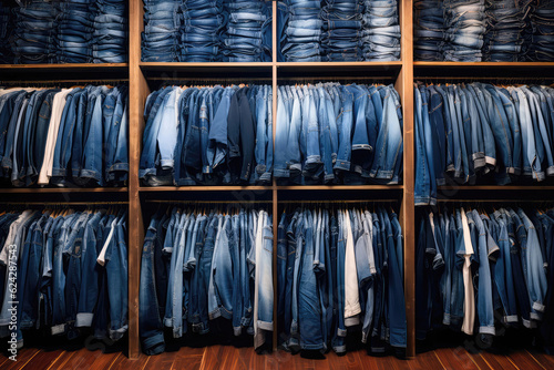 Trendy Denim Jeans In Various Cuts And Washes Organized In Closet. Generative AI photo