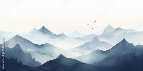 Blue mountain background vector. Oriental Luxury landscape background design with watercolor brush texture. Wallpaper design, Wall art for home decor and prints. © Lucky Ai