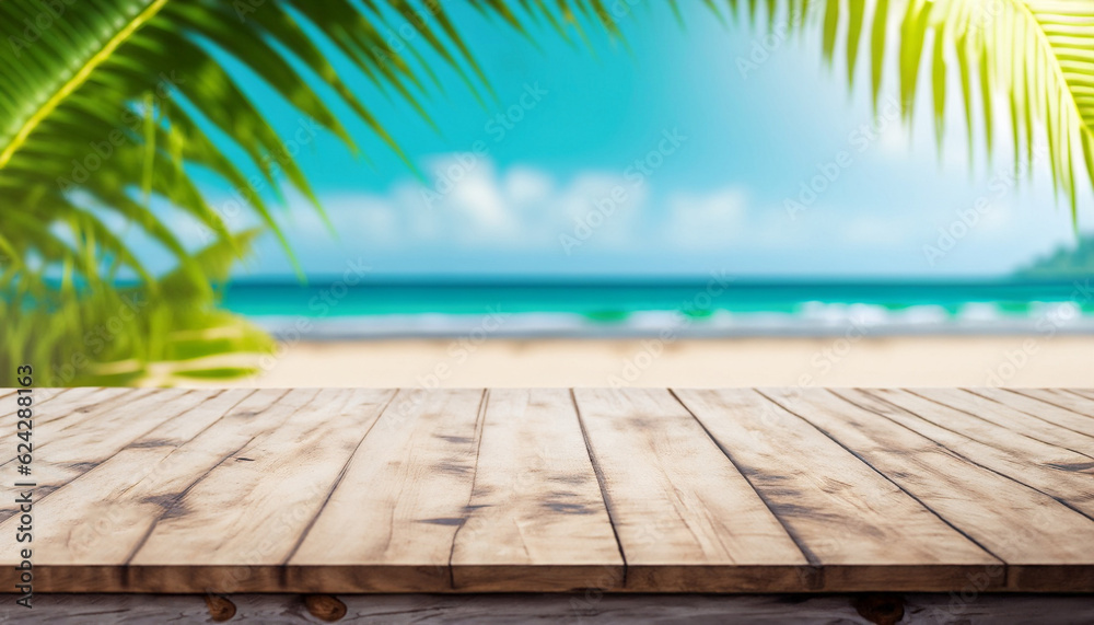 Empty wooden planks with blur beach on background, can be used for product placement, palm leaves on foreground Empty wooden planks with blur beach on background, can be used for product placement, palm leaves on foreground