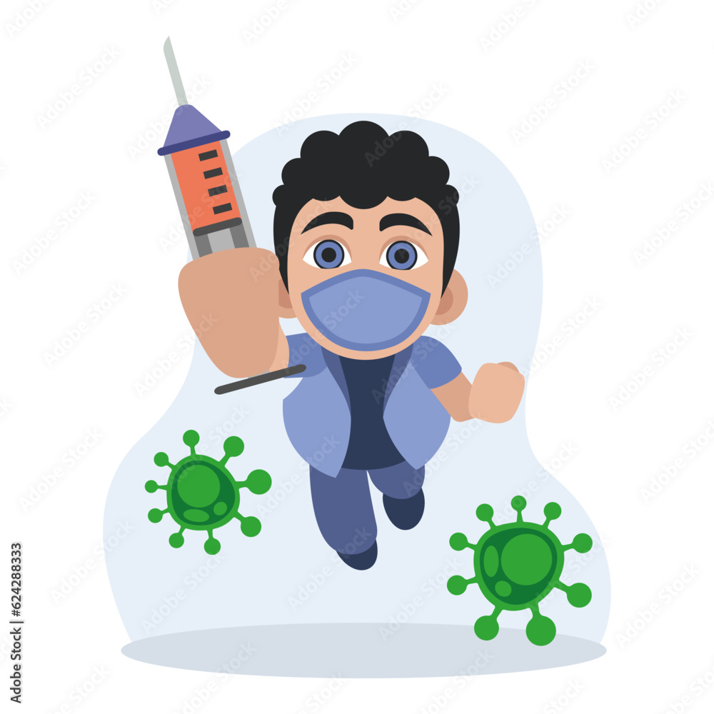 Man holding syringe ready to protect patient. Health care providers fight virus with vaccinations and immunizations. Flat vector illustration in blue and green colors with cartoon Man holding syringe ready to protect patient. Health care providers fight virus with vaccinations and immunizations. Flat vector illustration in blue and green colors with cartoon