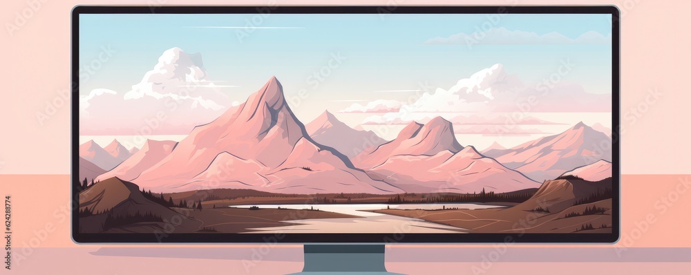 Mockup of PC with illustration in, easy pastel colors, panorama, work place. Generative Ai.