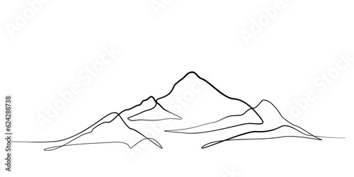 Continuous line drawing of mountain range landscape background. One single line pen drawing of mountain panoramic view. Line art style illustration of nature. Vector simple linear style. Handdrawn
