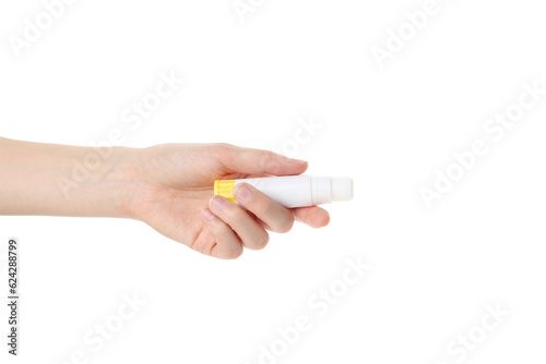 PNG, female hand hold glue with copy space, isolated on white background