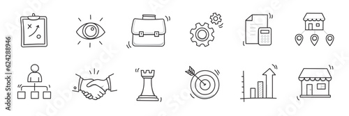 Business sme doodle icon set. Small, medium enterprise business hand drawn doodle sketch style icon. Local partnership, economic strategy, franchise concept. Vector illustration.