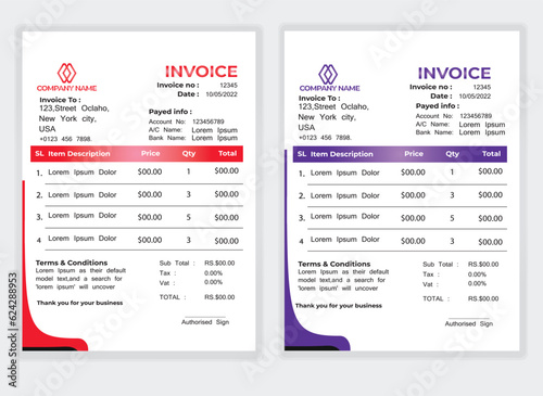 Business Minimal Corporate Invoice design template vector illustration bill form price . Creative template and stationery design payment agreement design template Cash Memo, Vector Quotation Design