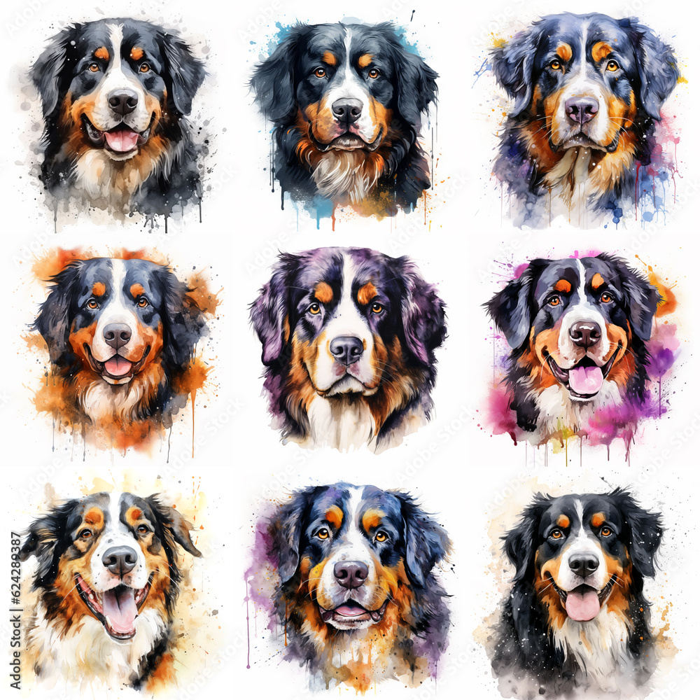 Set of dogs breed Bernese Mountain painted in watercolor on a white background in a realistic manner. Ideal for teaching materials, books and designs, postcards, posters.