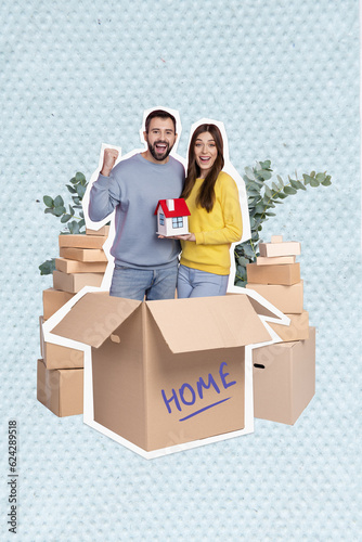 Photo composite collage of couple young family together hold miniature building relocation carton packages isolated over blue background