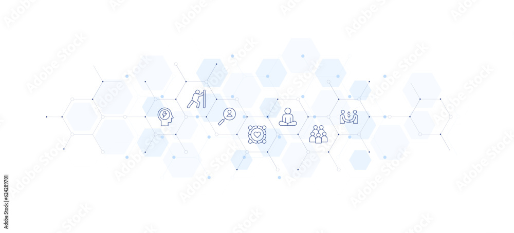 People banner vector illustration. Style of icon between. Containing energy, push, job search, solidarity, meditation, group, deal.