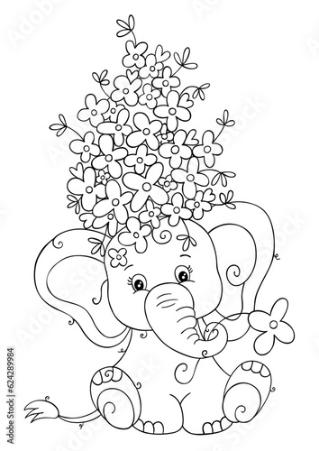 Cute elephant with flowers on head coloring page
