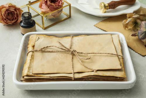 Old letters on white plate, ink bottle and roses on light background