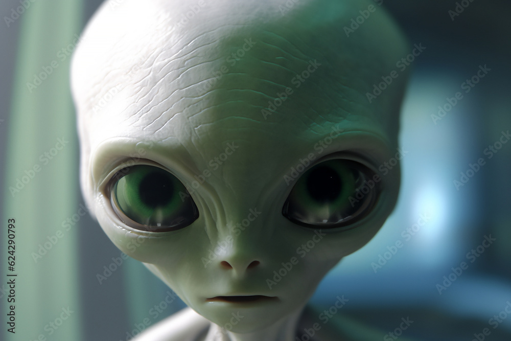 Alien or little green man portrait which is an extra-terrestrial creature from outer space arriving on a UFO spaceship and often used as a Halloween subject, computer Generative AI stock illustration 