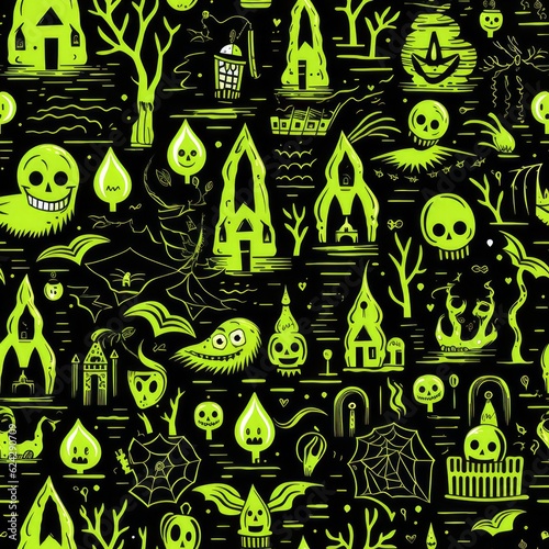 Halloween skulls, Geometric TILE texture, Seamless, Repeating pattern, Ghosts background. IMAGE TILEABLE BOTH HORIZONTALLY VERTICALLY. Green smiling skulls and various figures. Generative AI photo