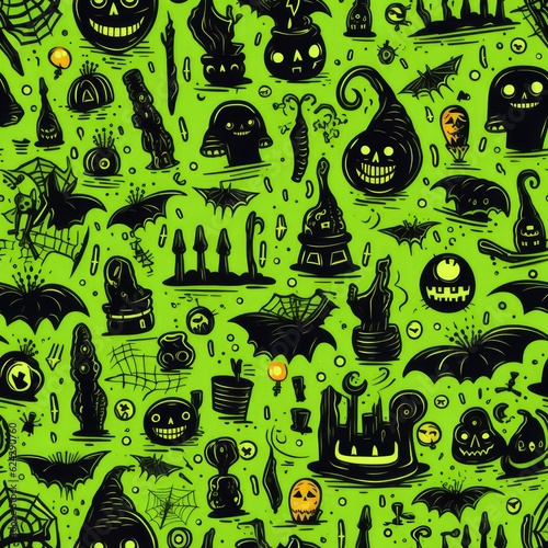 Halloween, Figures, Geometric TILE texture, Seamless, Repeating pattern, Endless background. IMAGE TILEABLE BOTH HORIZONTALLY VERTICALLY. Funny icons in the green background. Generative AI photo