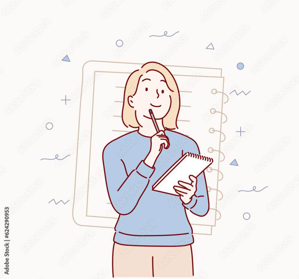 woman is taking notes and think. Hand drawn style vector design ...