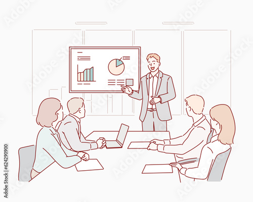Business people are working in office. Handsome young businessman is making presentation for his colleagues, pointing to the board. Hand drawn style vector design illustration.