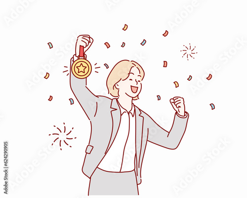happy businesswoman winner with award champion gold medal celebrates victory and success. Hand drawn style vector design illustrations.