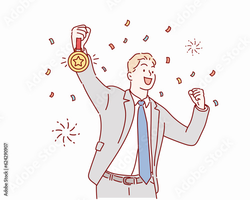 happy businessman winner with award champion gold medal celebrates victory and success. Hand drawn style vector design illustrations.