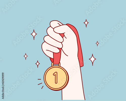 gold medal hold in hand. Hand drawn style vector design illustrations.