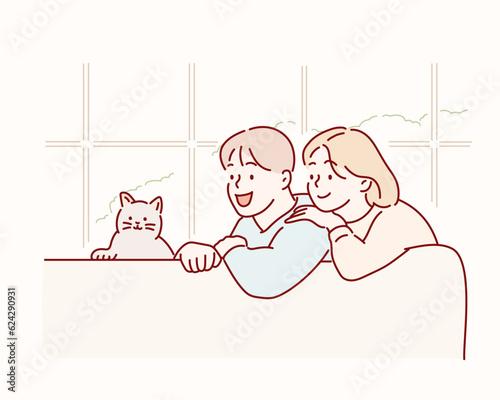 happy cheerful couple wife and husband sitting on couch in room at home with cute cat. Hand drawn style vector design illustrations.