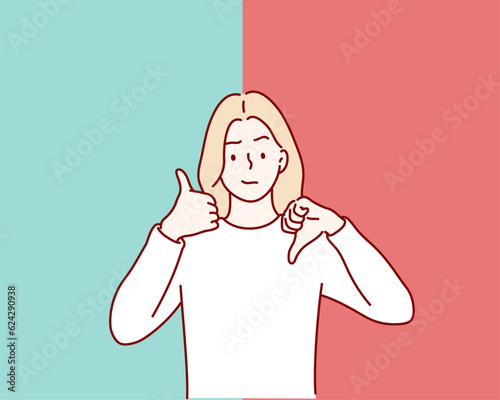 woman showing thumbs up and thumbs down, difficult choose.  Hand drawn style vector design illustrations.