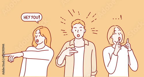 Hey you young people finger pointing to call, attract attention. Hand drawn style vector design illustrations.