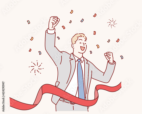 happy businessman winner.  businessman crossing the finish line. Hand drawn style vector design illustrations.
