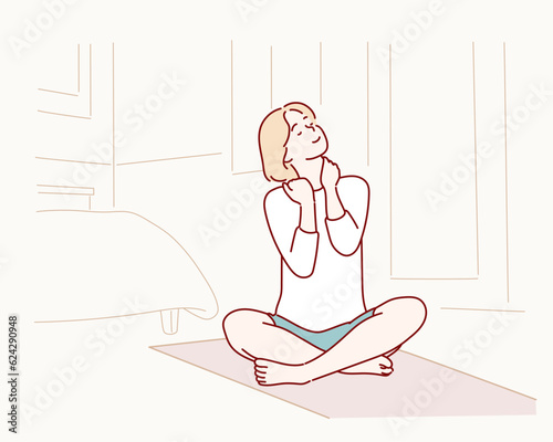 fitness, home and diet concept - smiling teenage girl streching on floor at home. Hand drawn style vector design illustrations.