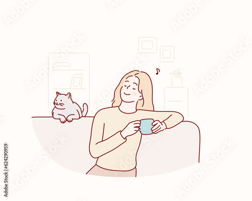 Happy woman sitting on couch holding cup of tea. Hand drawn style vector design illustrations.