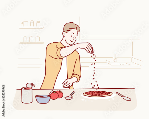  Cheerrful surprised man chef husband dressing homemade pizza dough on wooden surface. Hand drawn style vector design illustrations.