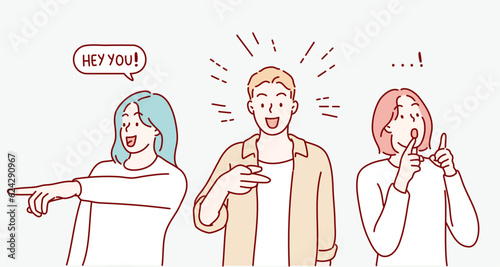 Hey you young people finger pointing to call, attract attention. Hand drawn style vector design illustrations.