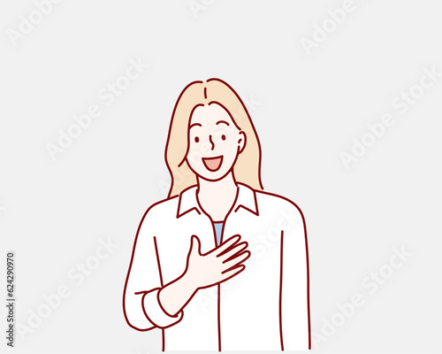  man with his hand on his chest meaning he's dedicated and his deep feelings come from his heart. Hand drawn style vector design illustrations.
