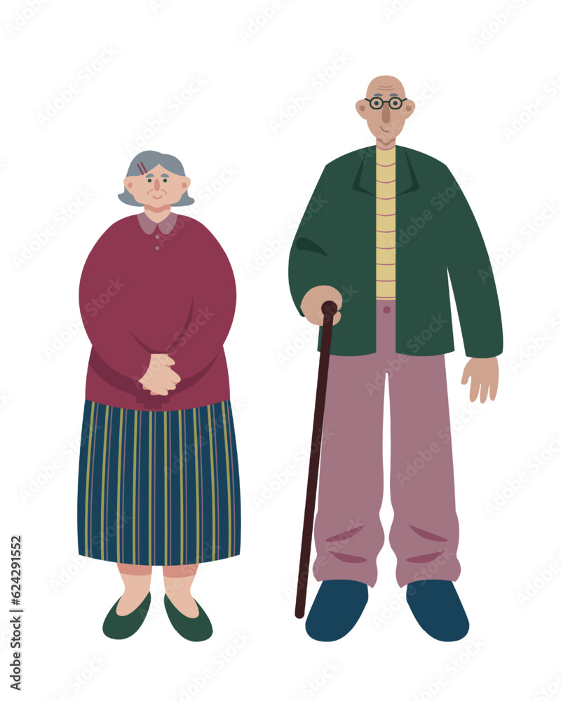 Senior people standing together and smiling, male with cane. Group of humans with special need. Flat vector illustration in pink and blue colors in cartoon style