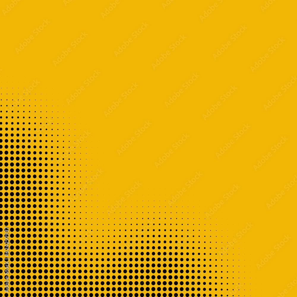 Abstract halftone dots on a yellow background contribute to the retro ambiance of the design