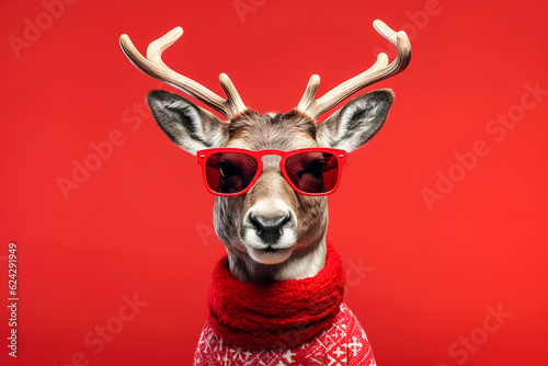 reindeer with glasses on red background in christmas costume