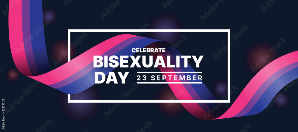 Celebrate bisexuality day - White text in white frame with long bisexual flag roll waving around on dark background vector design - obrazy, fototapety, plakaty 