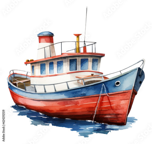 Watercolor hand drawn fishing boat illustration isolated.