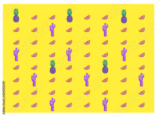 Colorful design, with fun, trendy objects. Pineapple, graphic elements, pink and yellow. 