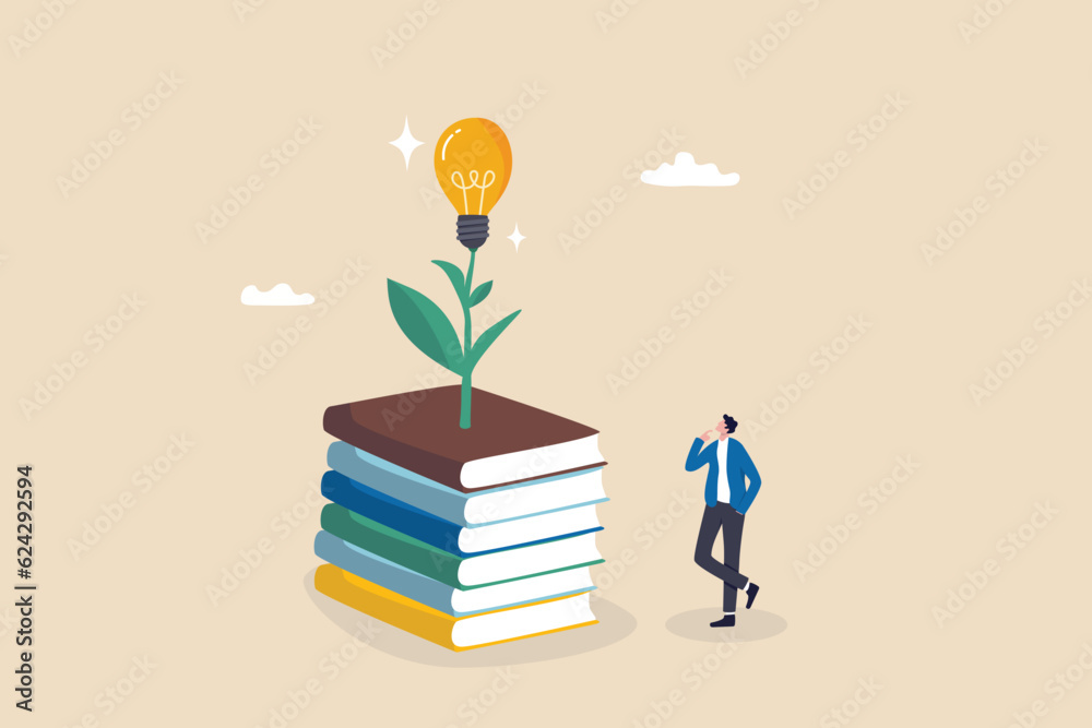 © Nuthawut - Knowledge, wisdom to create new idea, creativity or innovation from reading books, education or learning new skill to success, study or library, smart young man with book stack with light bulb plant.
