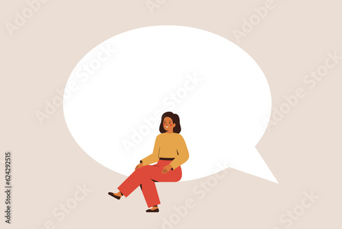 Happy Woman sits on the big empty speech bubble. Girl sits on the large frame online message and smiling.Business female sharing her opinions or comments. Communication concept. Vector illustration